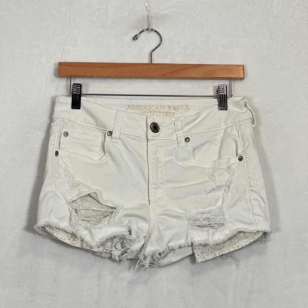 American Eagle White Hi-Rise Shortie Embroidered Distressed Denim Shorts 6
